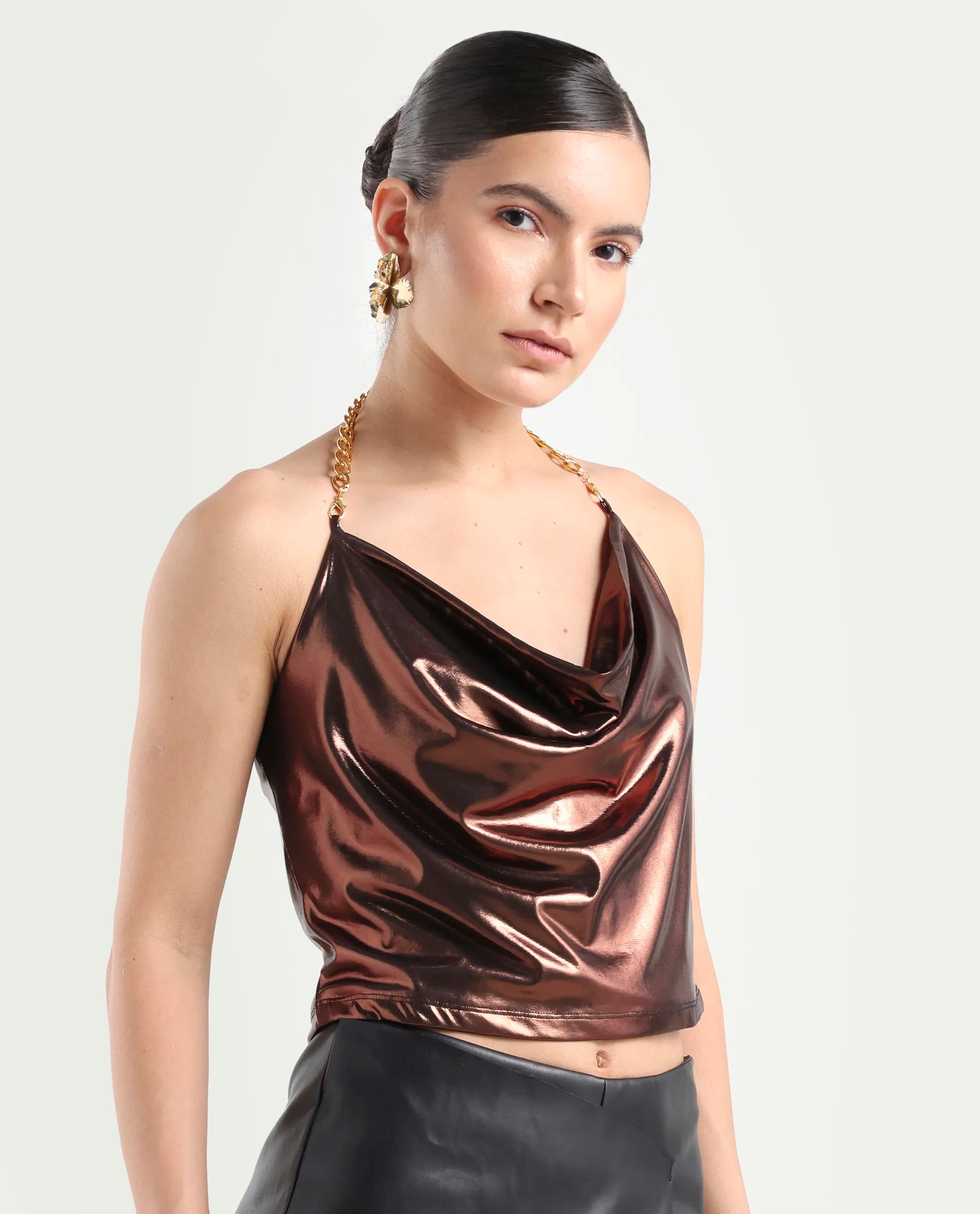 Rareism Women's Manda Metallic Brown Polyester Cowl Neck Plain Sleeveless Crop Fitted Top