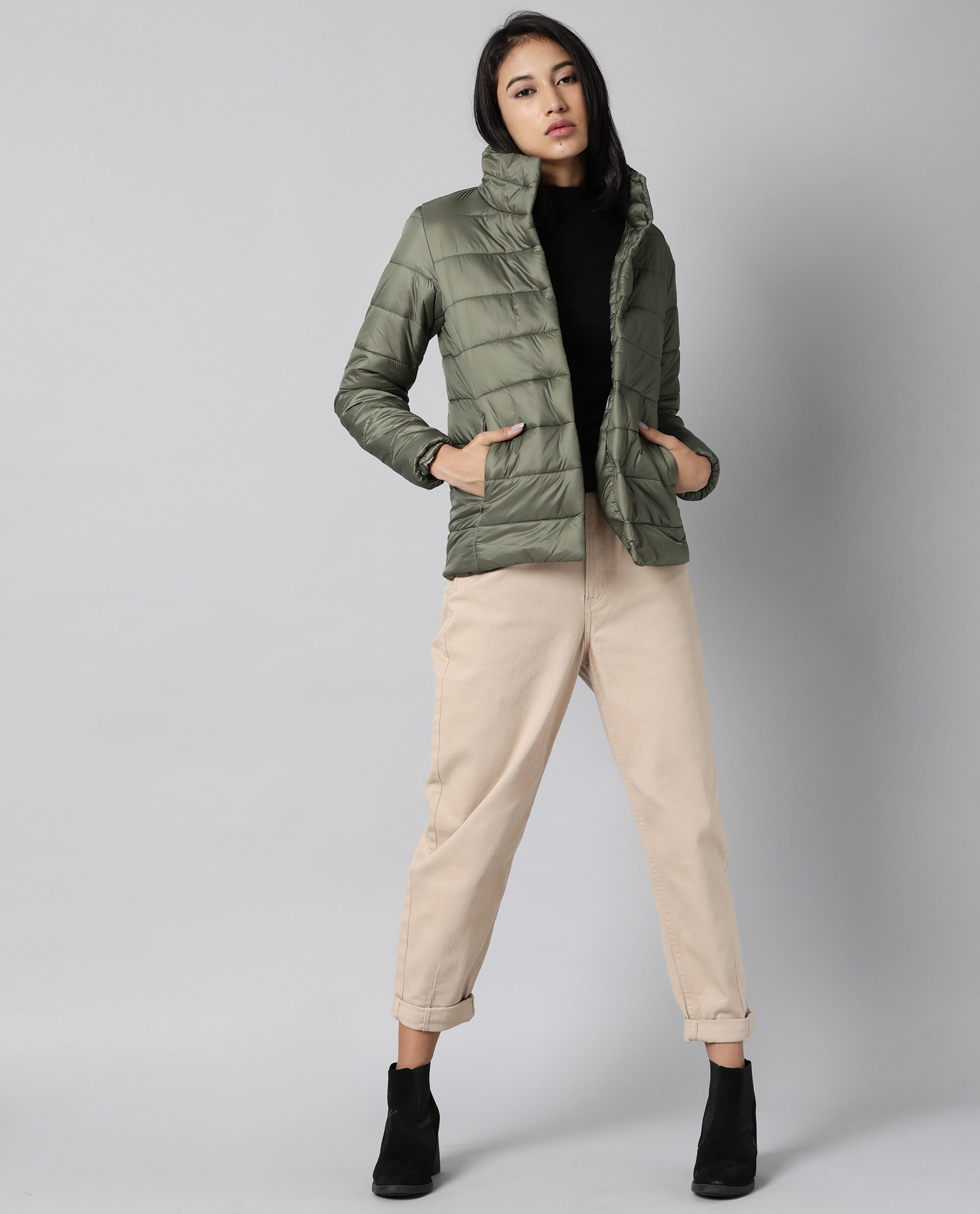 Rareism Women Mung Olive Jacket Full Sleeves Solid