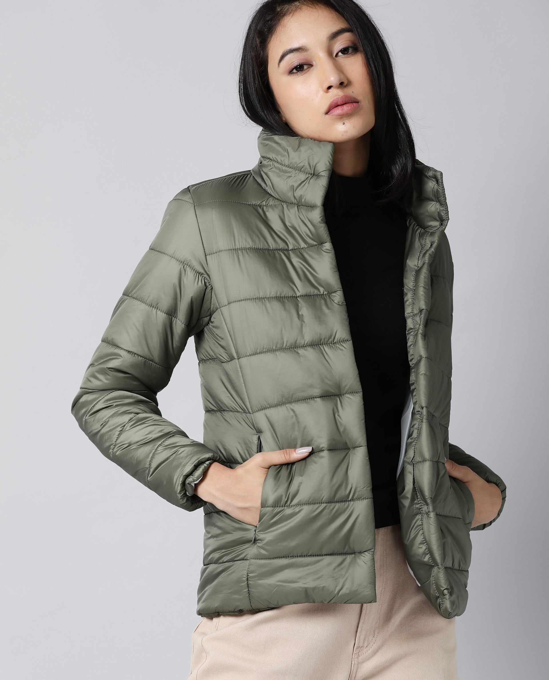 Rareism Women Mung Olive Jacket Full Sleeves Solid