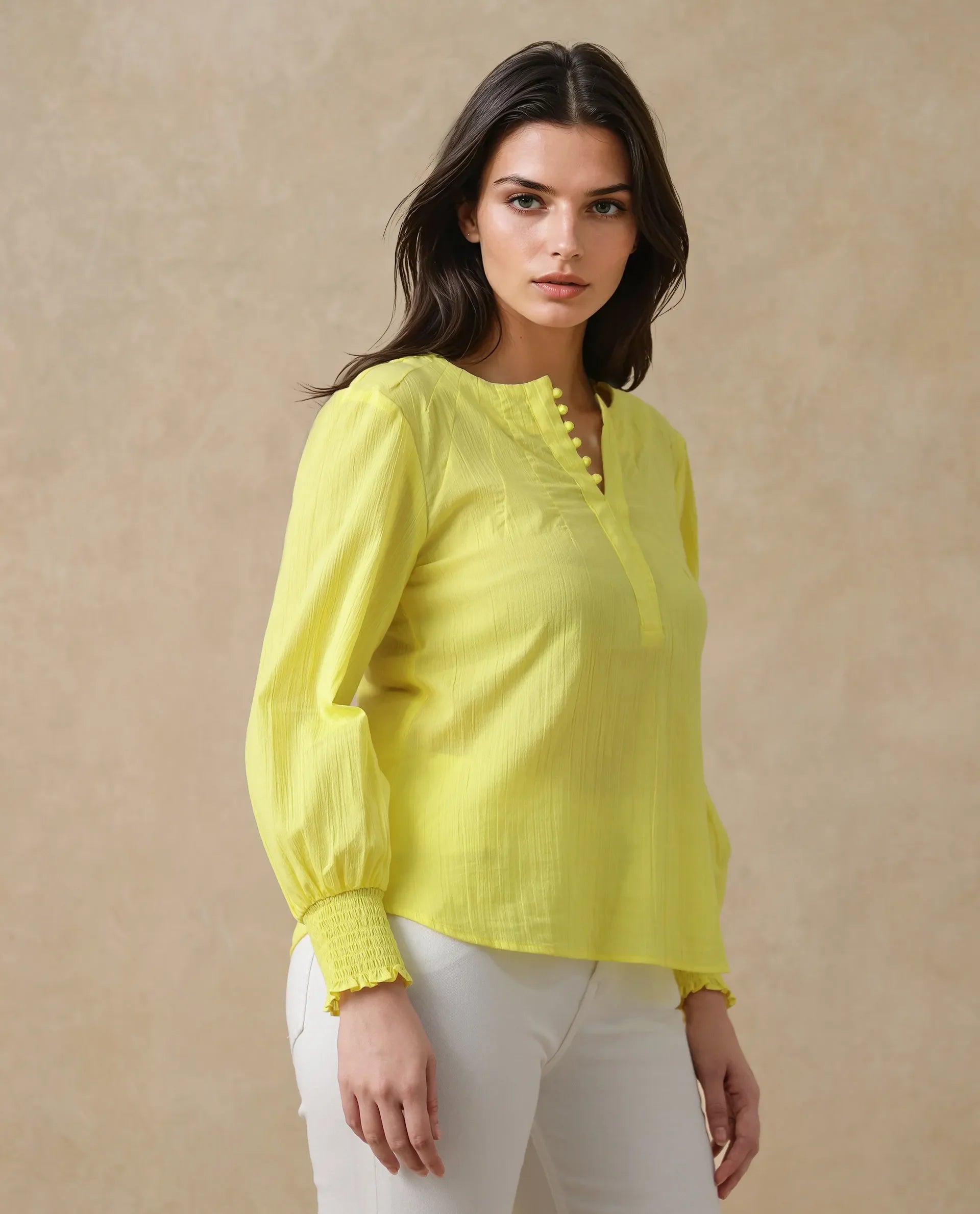 Rareism Women's Mante Yellow Cotton Crew Neck Plain Bishop Sleeve Regular Fit Top