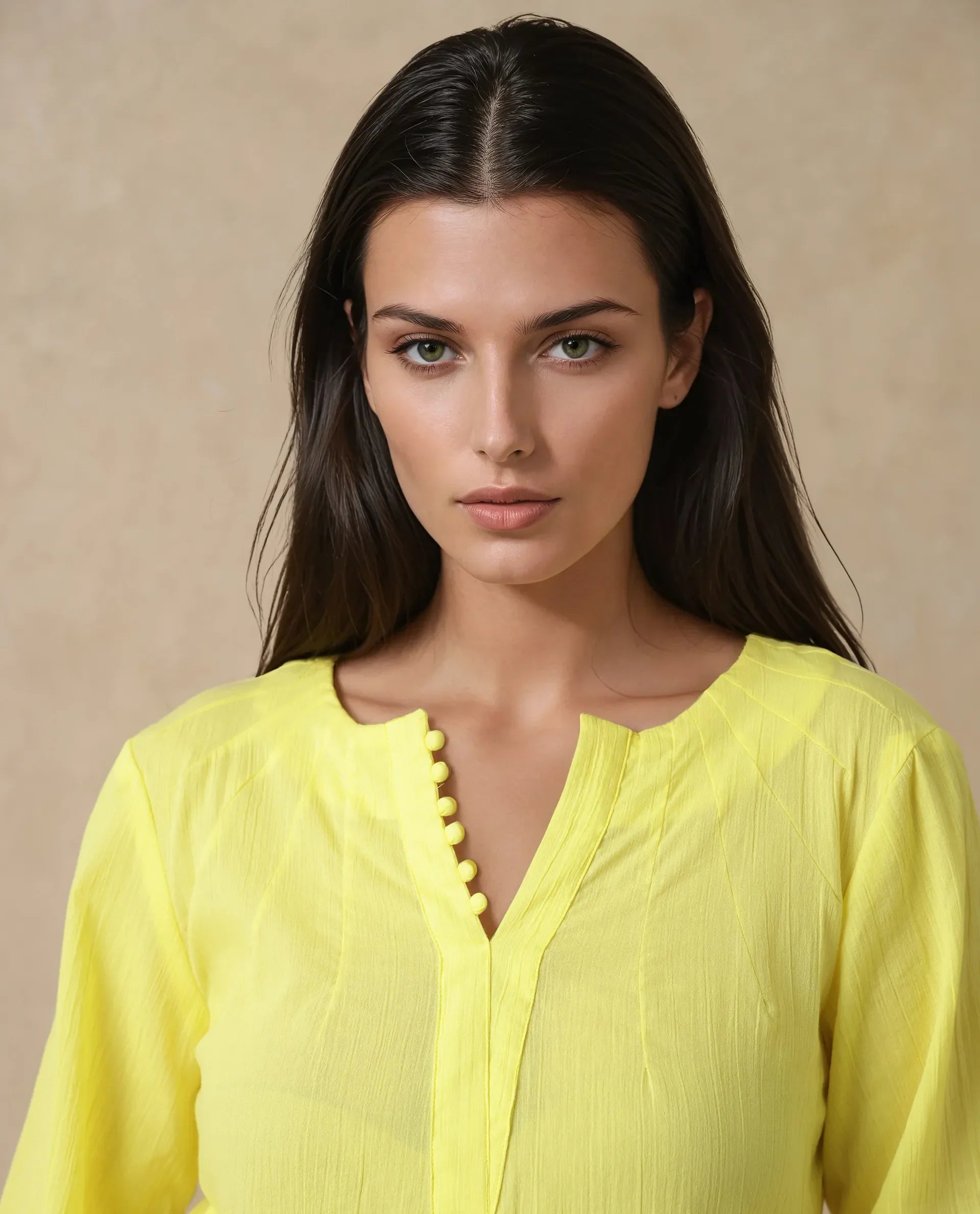 Rareism Women's Mante Yellow Cotton Crew Neck Plain Bishop Sleeve Regular Fit Top