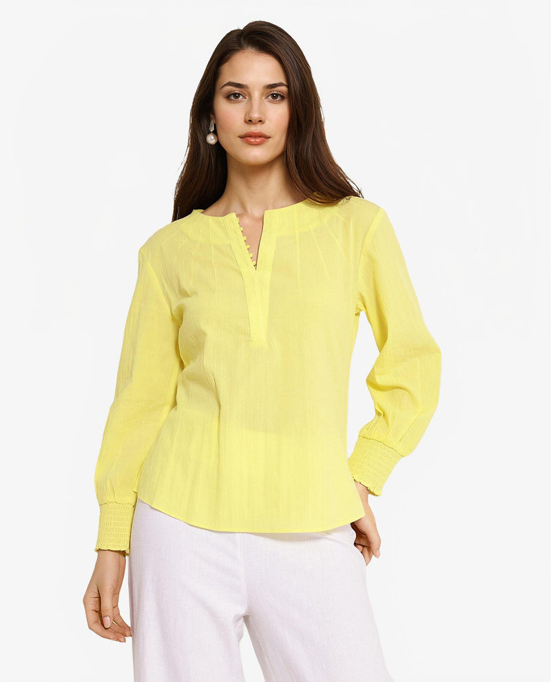 Rareism Women Mante Yellow Bishop Sleeve Round Neck Plain Top