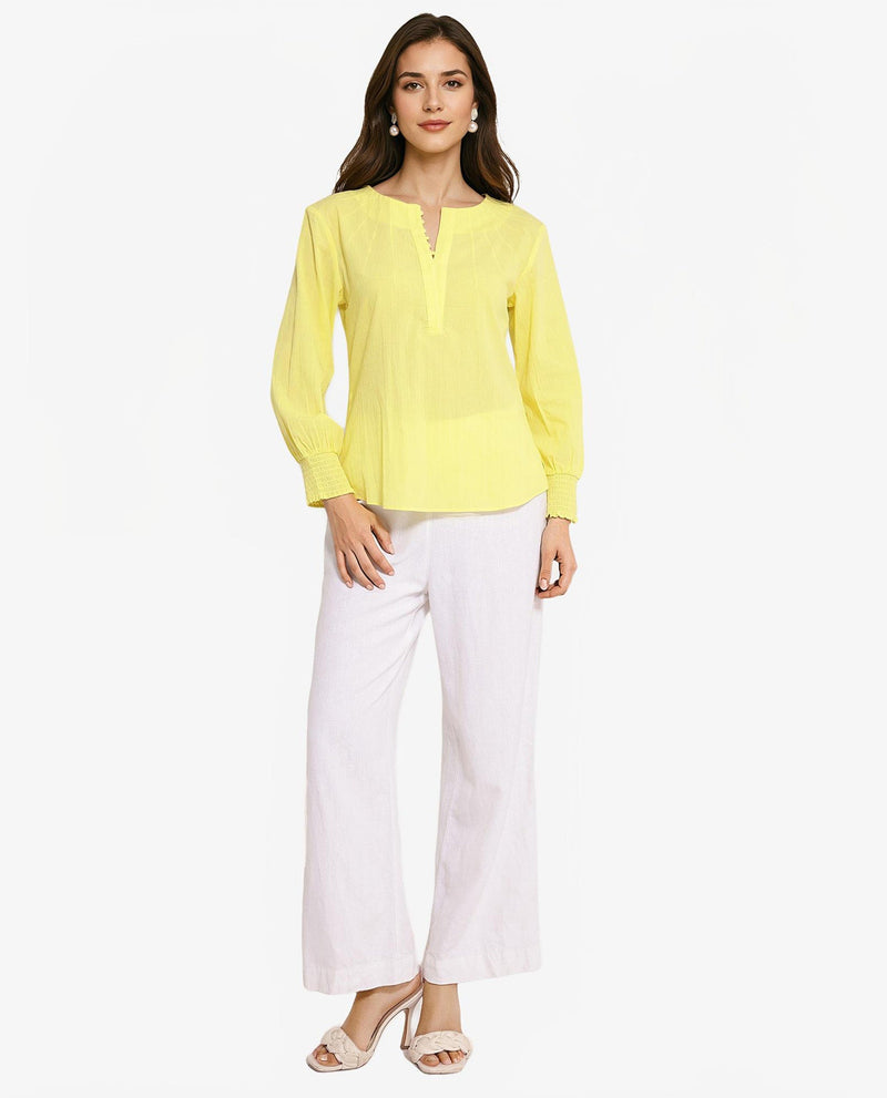 Rareism Women Mante Yellow Bishop Sleeve Round Neck Plain Top