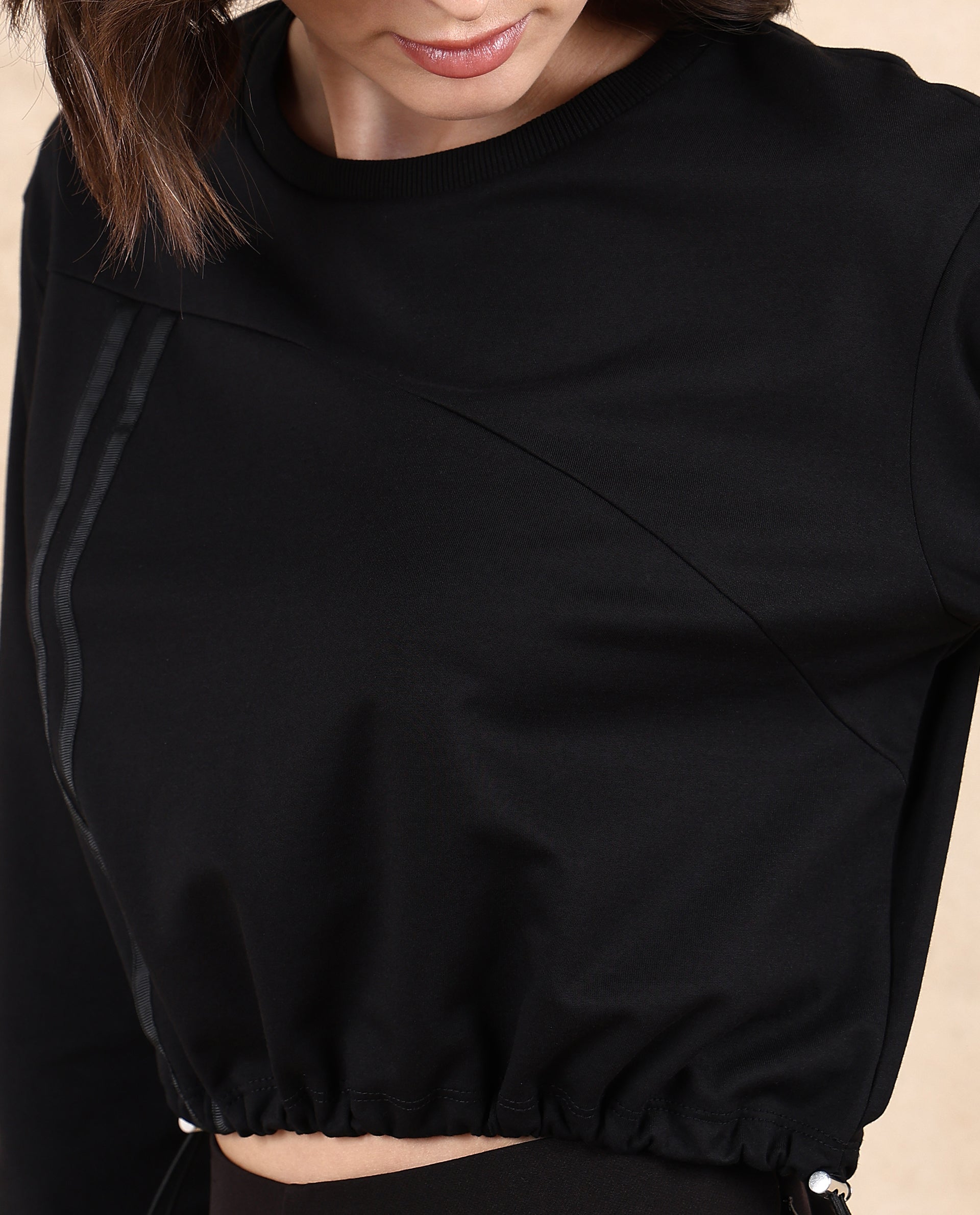Rareism Women Maple Black Cotton Blend Fabric Full Sleeve Round Neck Relaxed Fit Cropped Plain Sweatshirt