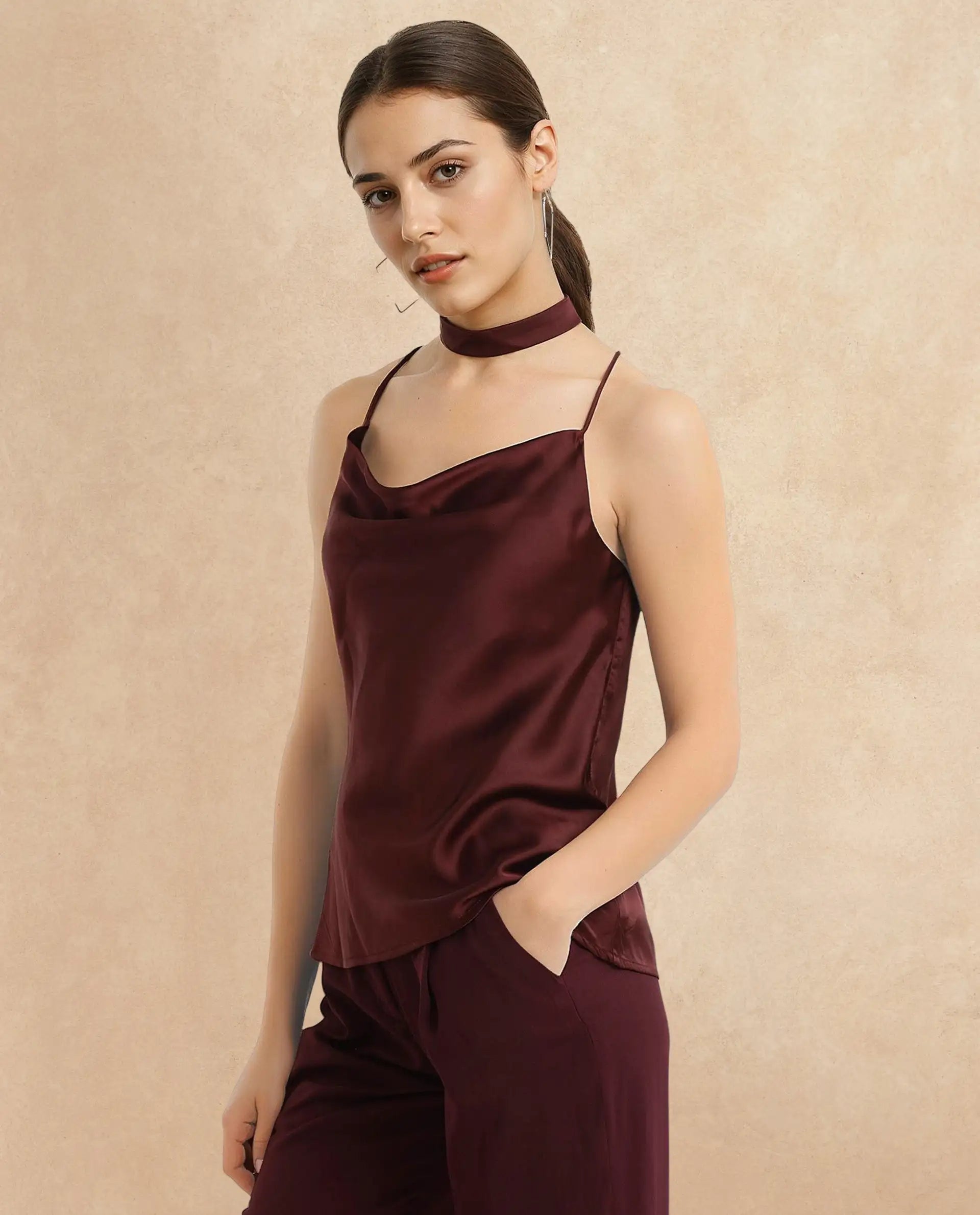 Rareism Women Marano Maroon Shoulder Straps Cowl Neck  Plain Top