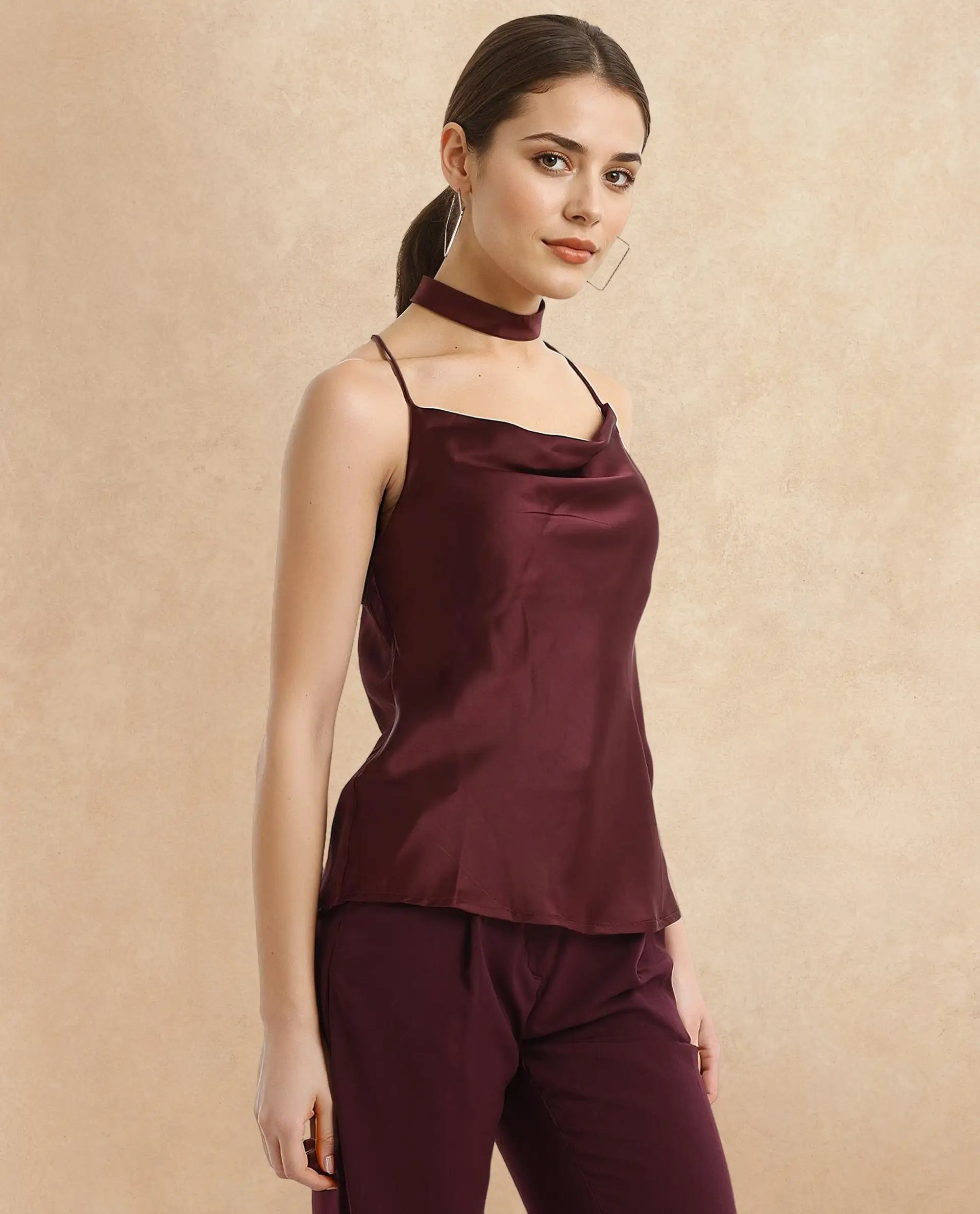 Rareism Women Marano Maroon Shoulder Straps Cowl Neck  Plain Top