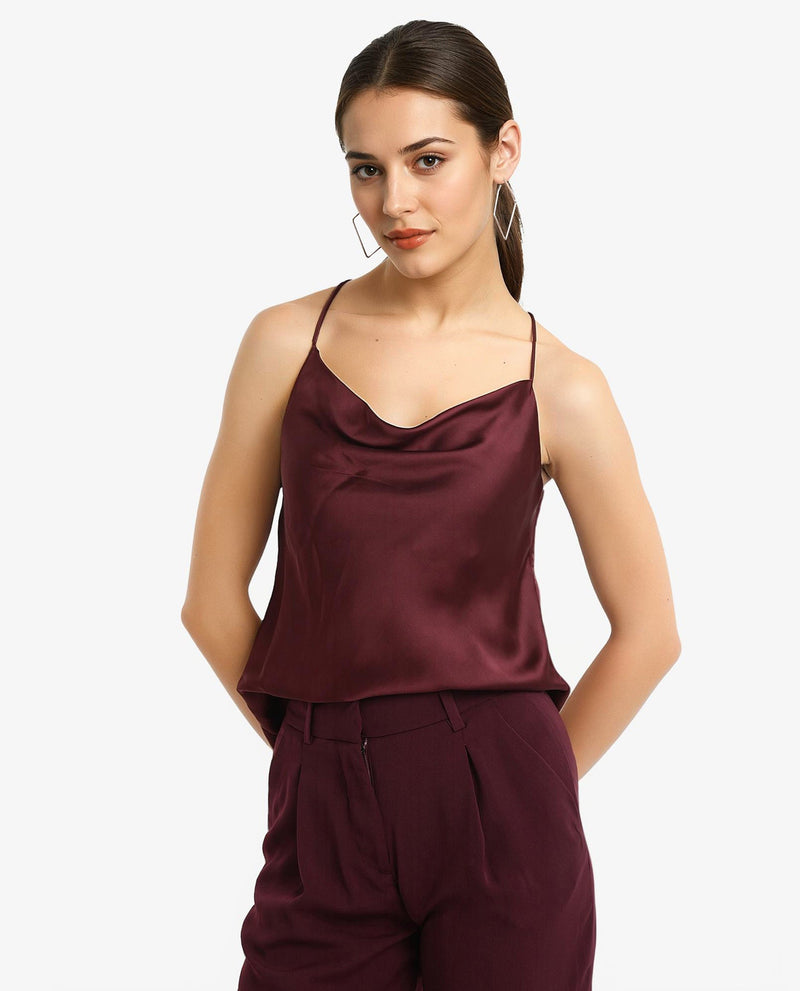 Rareism Women Marano Maroon Shoulder Straps Cowl Neck  Plain Top