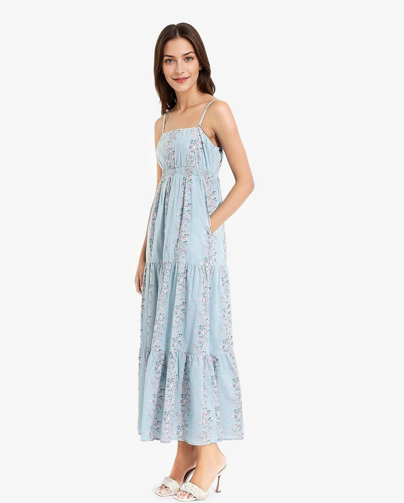 Rareism Women Marantt Dusky Blue Shoulder Straps Tube Neck Fit And Flare Floral Print Maxi Dress