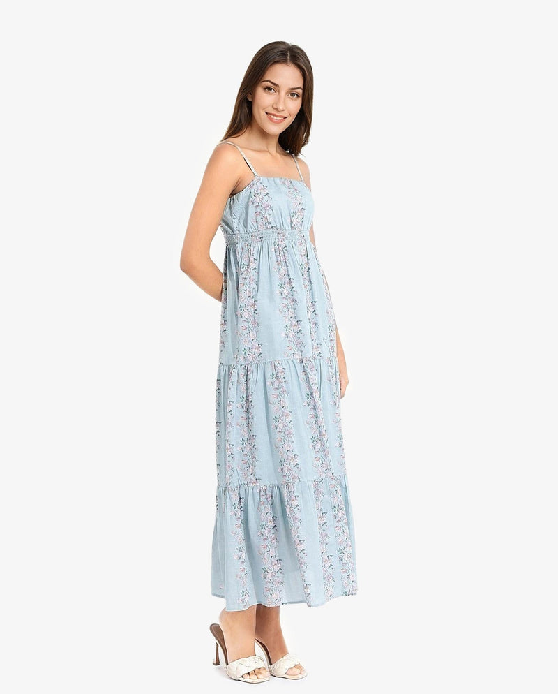 Rareism Women Marantt Dusky Blue Shoulder Straps Tube Neck Fit And Flare Floral Print Maxi Dress