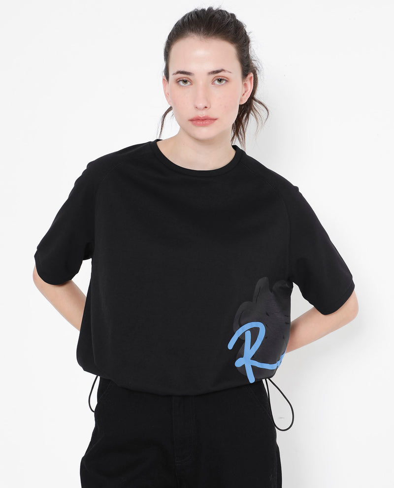 Rareism Women'S Marco Black Cotton Lycra Fabric Short Sleeve Crew Neck Graphic Print T-Shirt