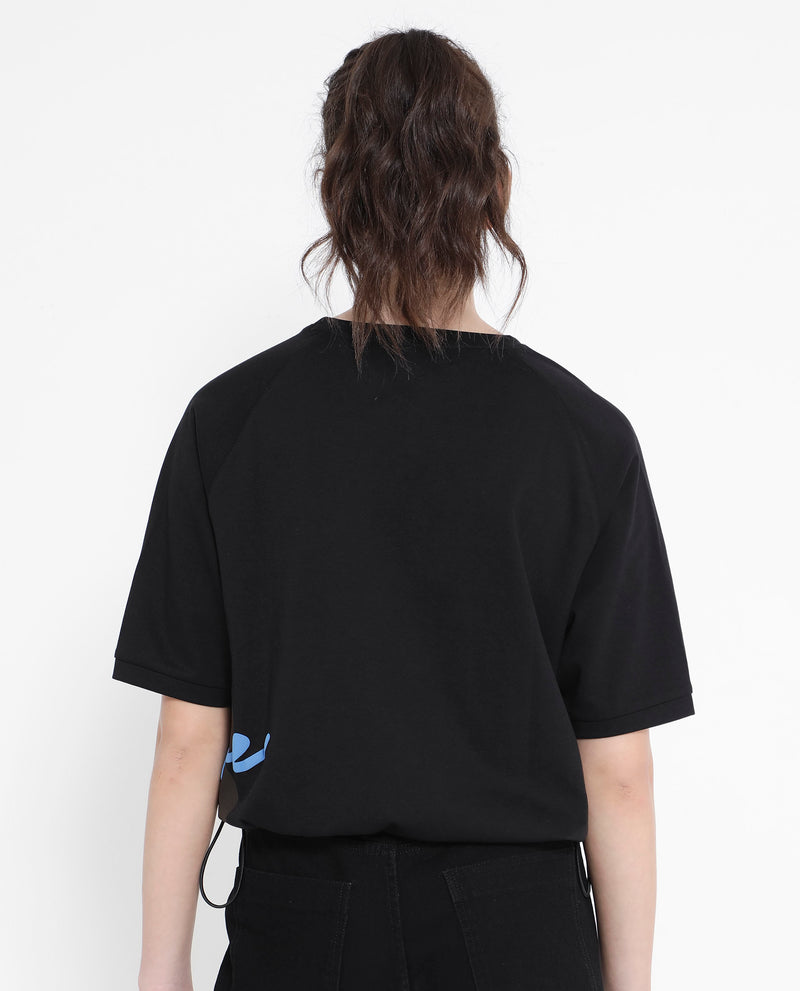 Rareism Women'S Marco Black Cotton Lycra Fabric Short Sleeve Crew Neck Graphic Print T-Shirt