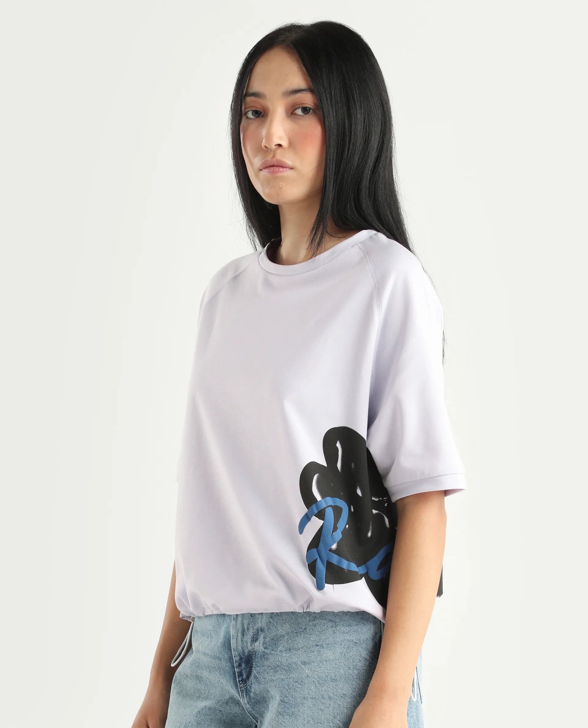 Rareism Women's Marco Pastel Purple Cotton Blend Crew Neck Graphic Print Relaxed Fit T-Shirt