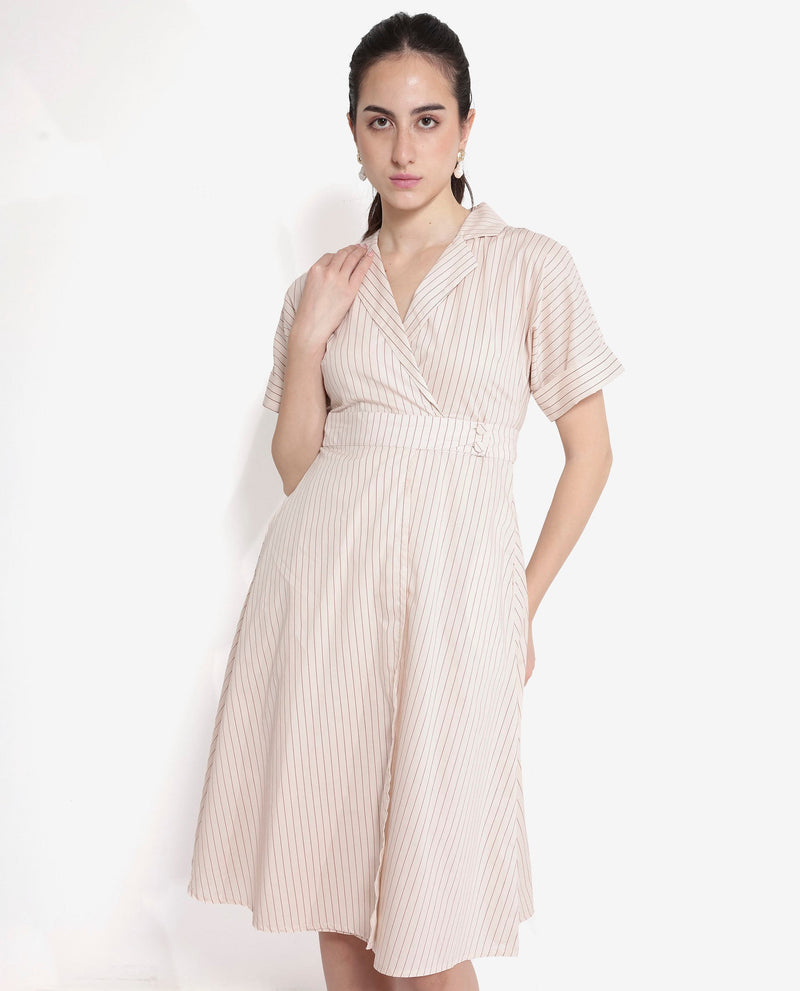 Rareism Women Margareto Beige Button Closure Short Sleeve Lapel Neck Fit And Flare Stripes Midi Dress