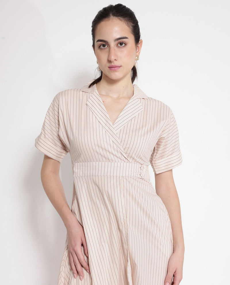 Rareism Women Margareto Beige Button Closure Short Sleeve Lapel Neck Fit And Flare Stripes Midi Dress