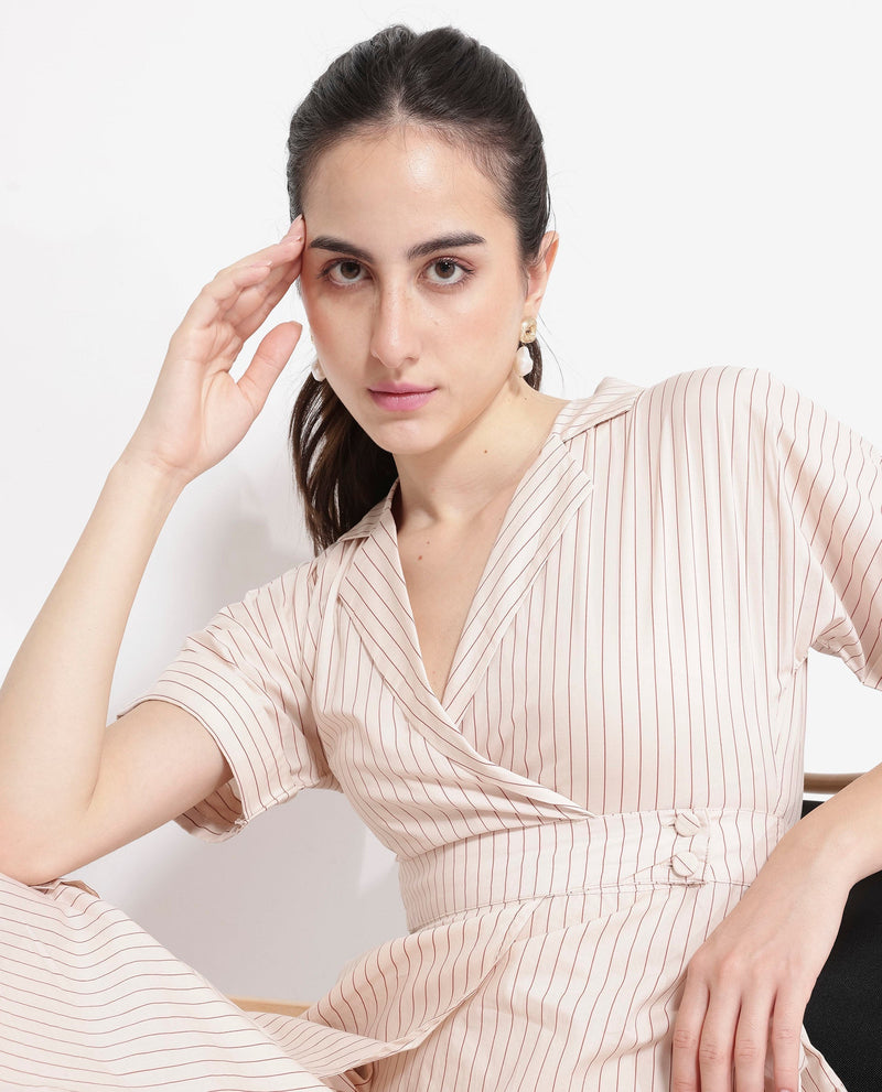 Rareism Women Margareto Beige Button Closure Short Sleeve Lapel Neck Fit And Flare Stripes Midi Dress