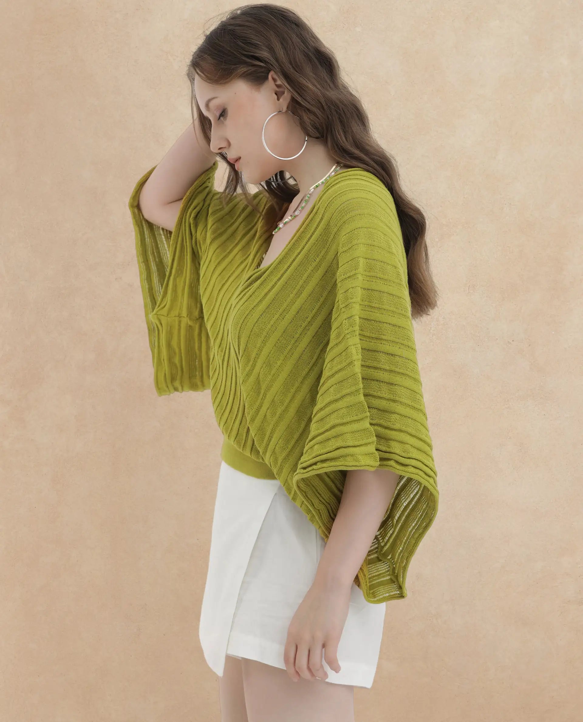 Rareism Women's Marida Olive Cotton V-Neck Plain Extended Sleeves Relaxed Fit Top