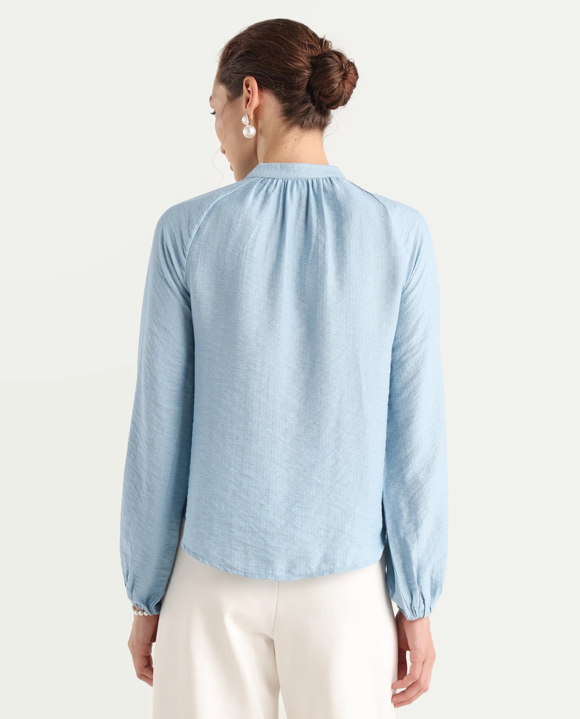 Rareism Women's Markino Dusky Blue Nylon Blend Tie-Up Relaxed Plain Top