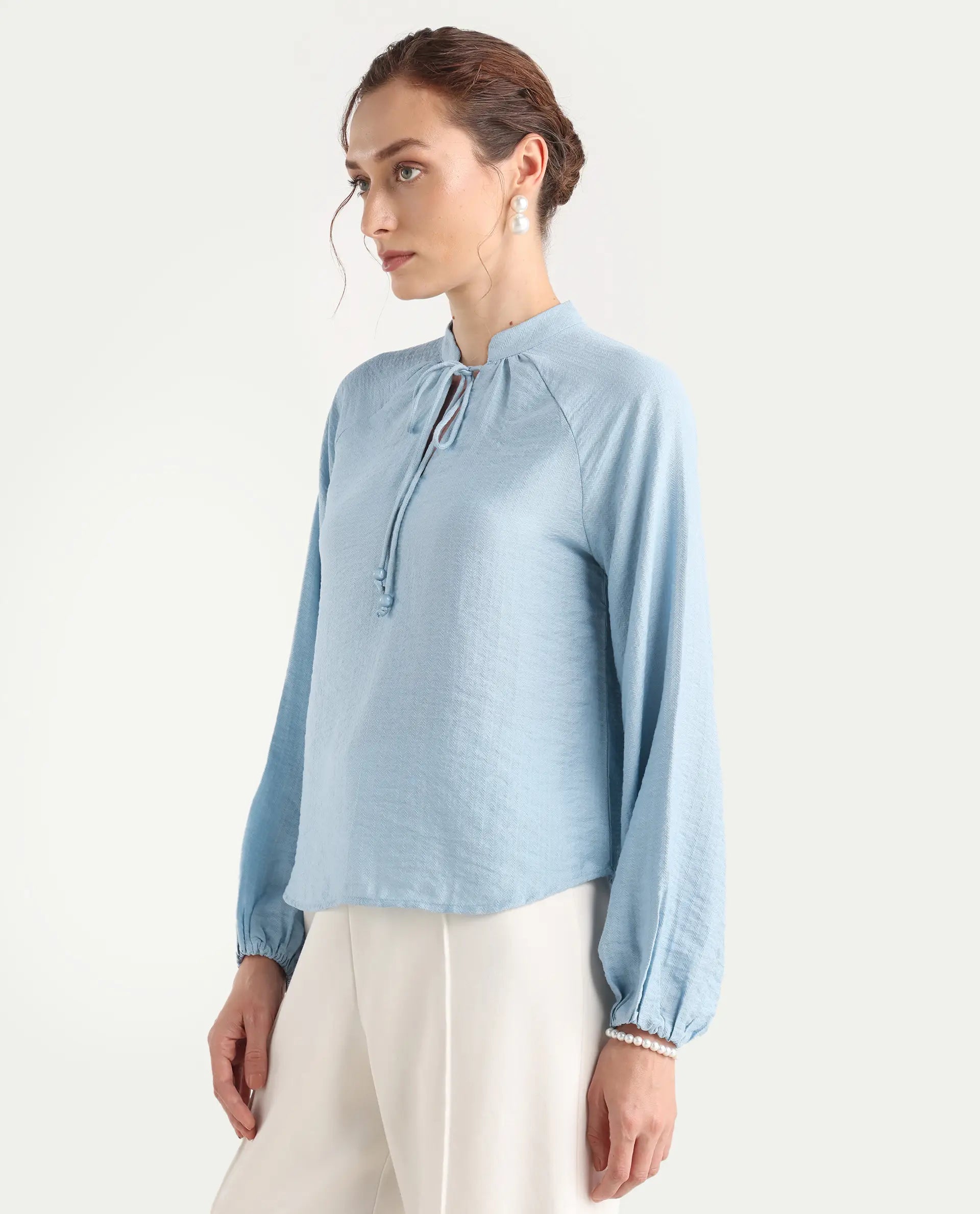 Rareism Women's Markino Dusky Blue Nylon Blend Tie-Up Relaxed Plain Top