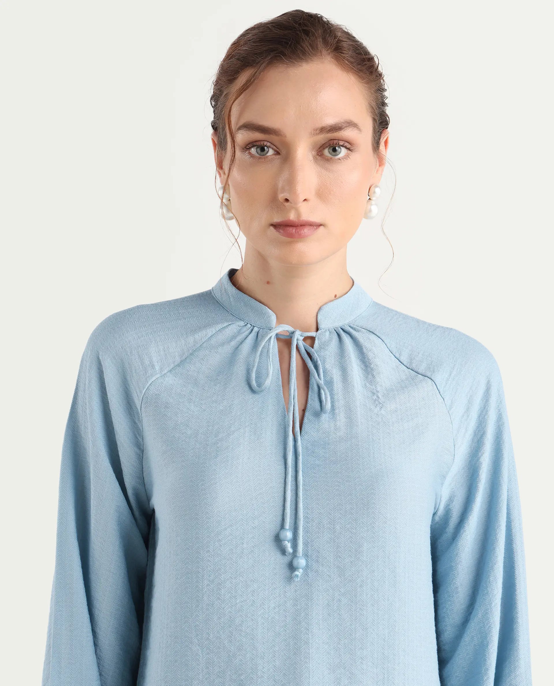 Rareism Women's Markino Dusky Blue Nylon Blend Tie-Up Relaxed Plain Top