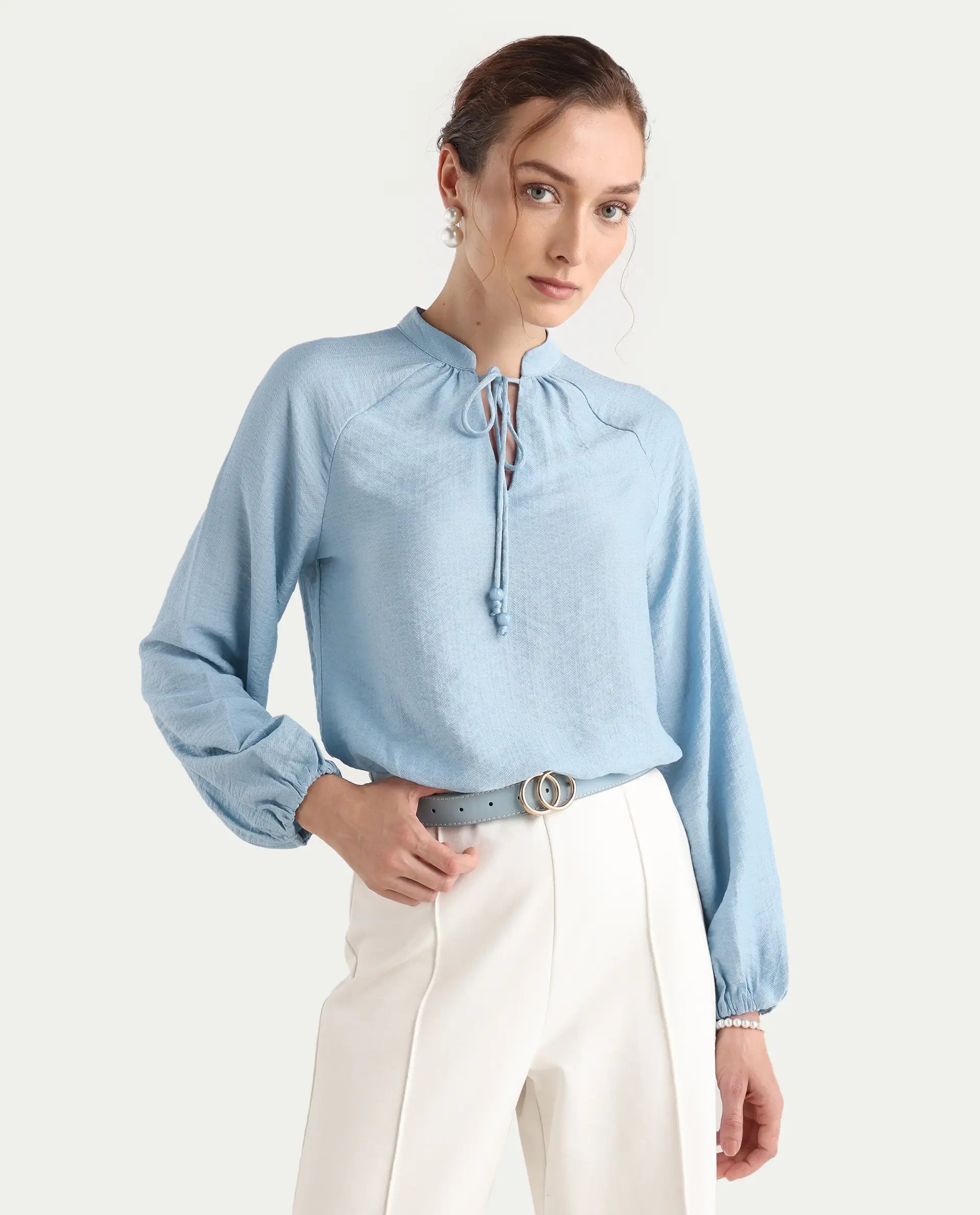 Rareism Women's Markino Dusky Blue Nylon Blend Tie-Up Relaxed Plain Top