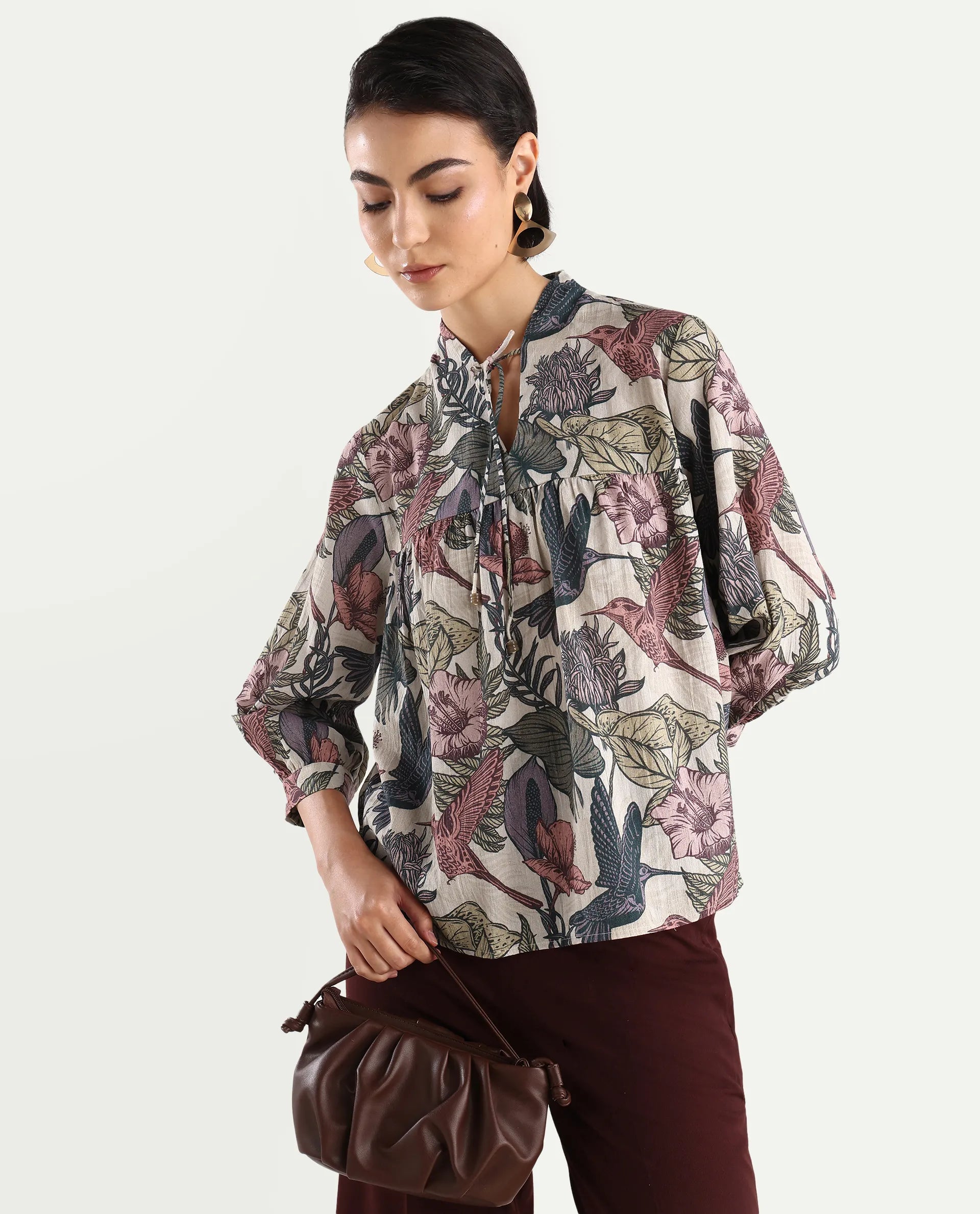 Rareism Women's Marlia Multi Cotton Blend V-Neck Tropical Print Balloon Sleeve Regular Fit Top