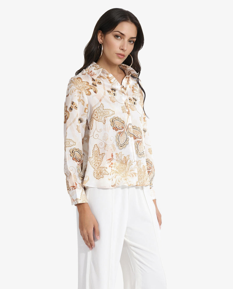 Rareism Women Marl Multi Cuffed Sleeve Collared Neck Button Closure Paisley Print Shirt