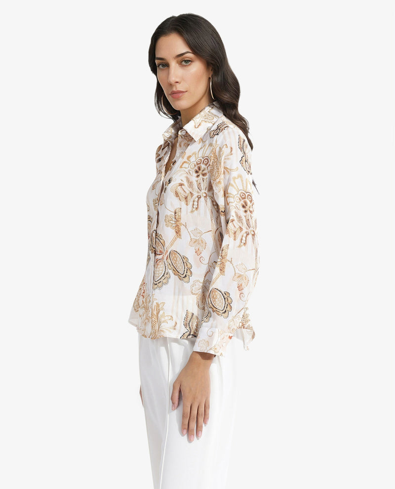 Rareism Women Marl Multi Cuffed Sleeve Collared Neck Button Closure Paisley Print Shirt