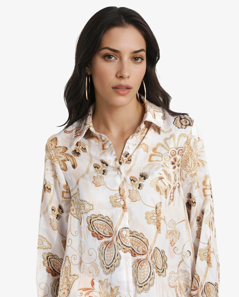 Rareism Women Marl Multi Cuffed Sleeve Collared Neck Button Closure Paisley Print Shirt