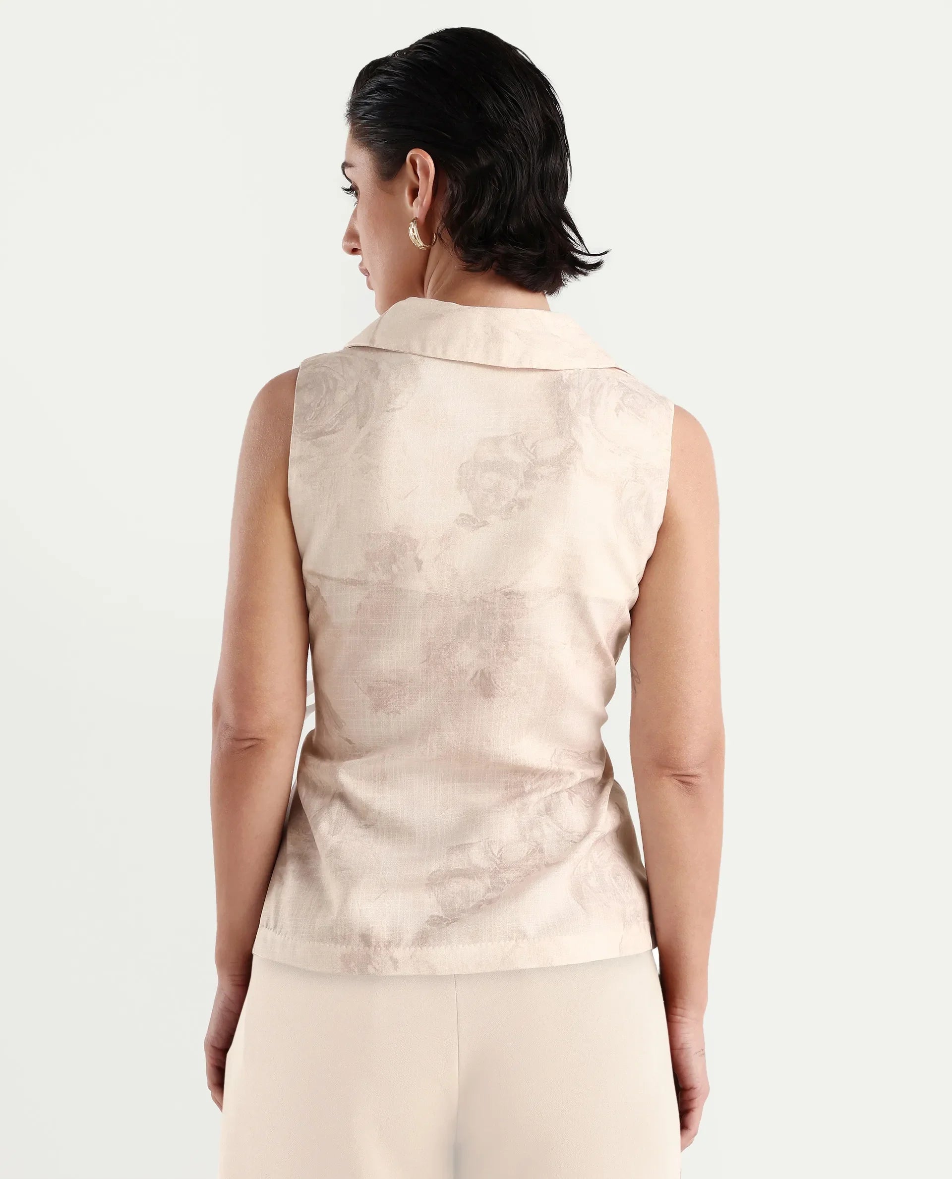 Rareism Women's Marlopo Light Beige Polyester Jonny Collar Fitted Top