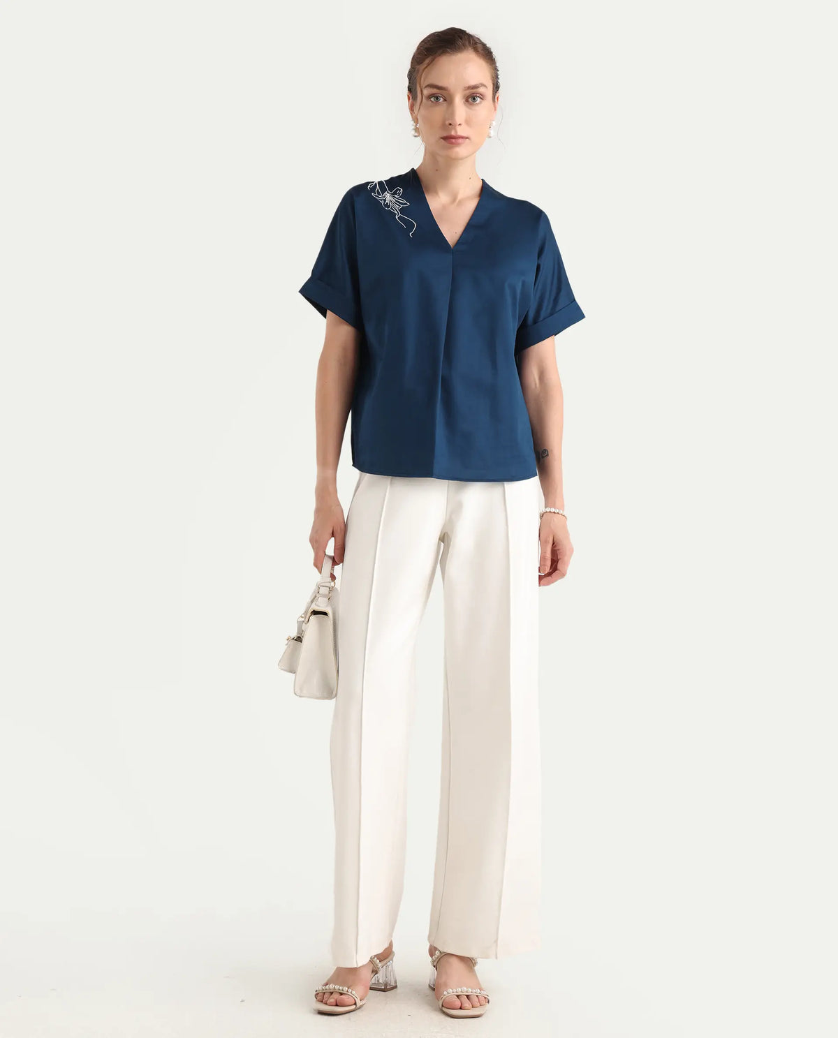 Rareism Women's Mars Blue Cotton V-Neck Boxy Fit Top
