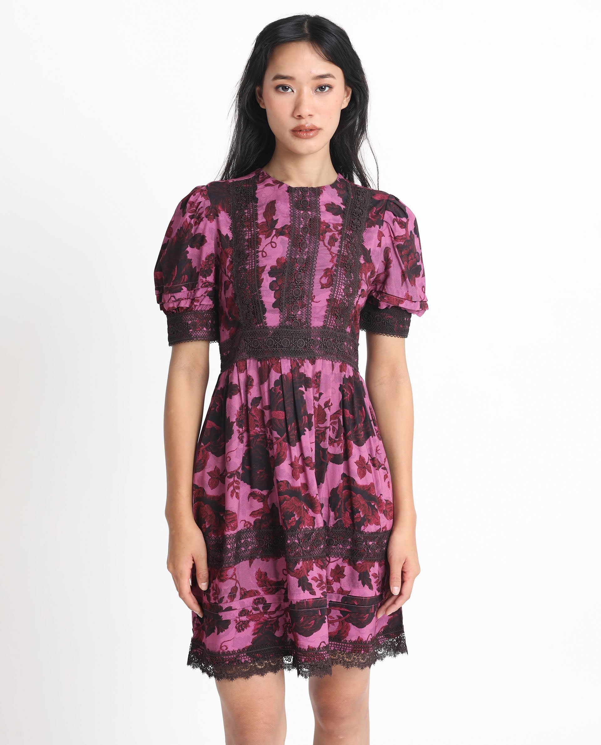 Rareism Women's Marte Maroon Viscose Crew Neck Floral Print Mini Regular Fit Dress