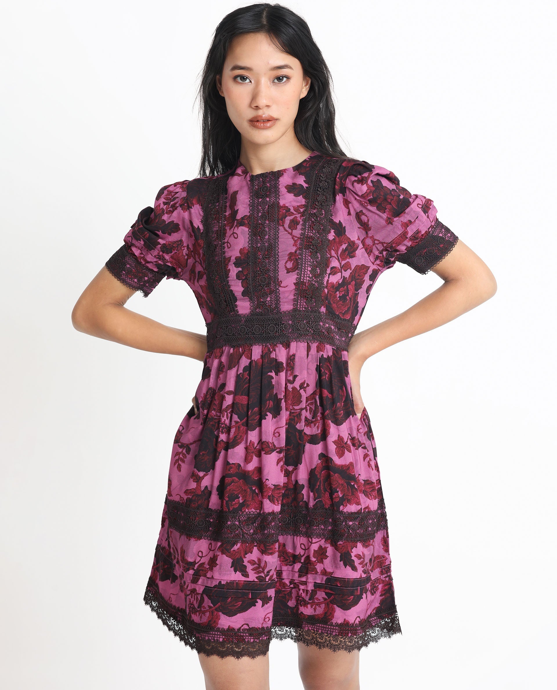 Rareism Women's Marte Maroon Viscose Crew Neck Floral Print Mini Regular Fit Dress