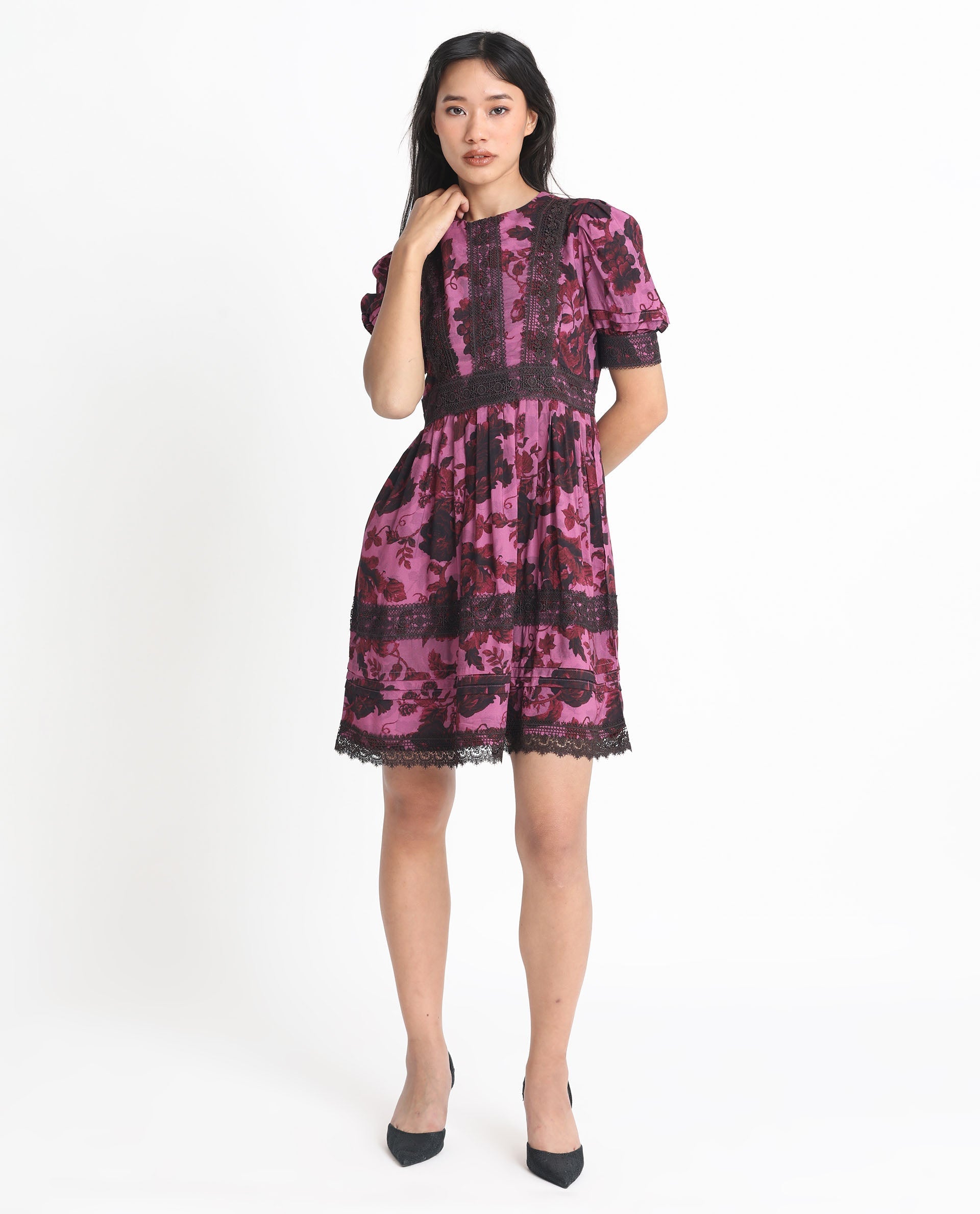 Rareism Women's Marte Maroon Viscose Crew Neck Floral Print Mini Regular Fit Dress