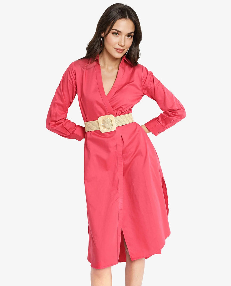 Rareism Women Marunara Red Cuffed Sleeve Jonny Collar Button Closure Relaxed Fit Midi Plain Dress