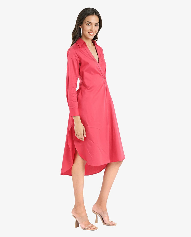 Rareism Women Marunara Red Cuffed Sleeve Jonny Collar Button Closure Relaxed Fit Midi Plain Dress