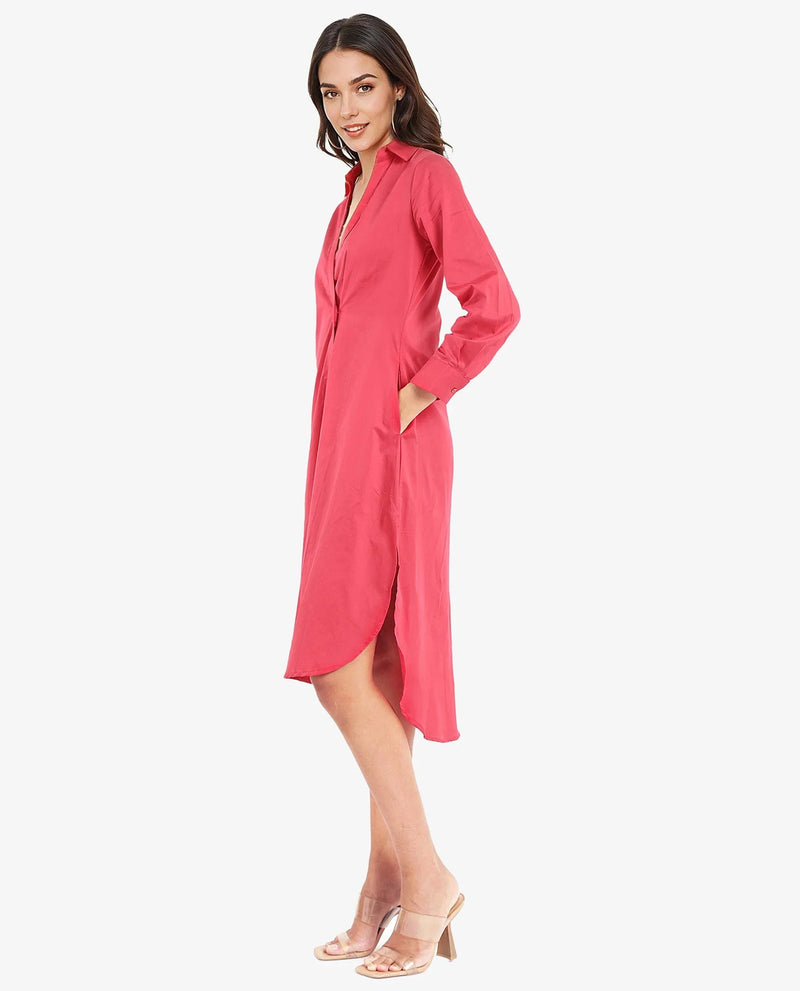 Rareism Women Marunara Red Cuffed Sleeve Jonny Collar Button Closure Relaxed Fit Midi Plain Dress