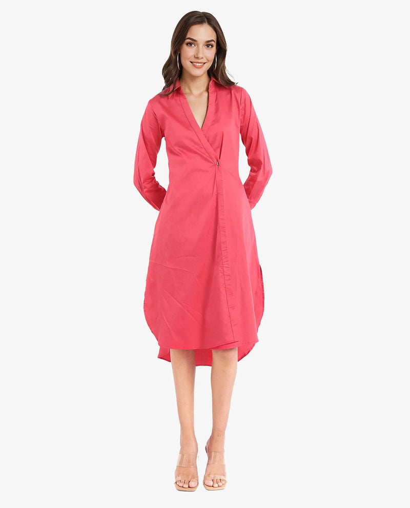 Rareism Women Marunara Red Cuffed Sleeve Jonny Collar Button Closure Relaxed Fit Midi Plain Dress