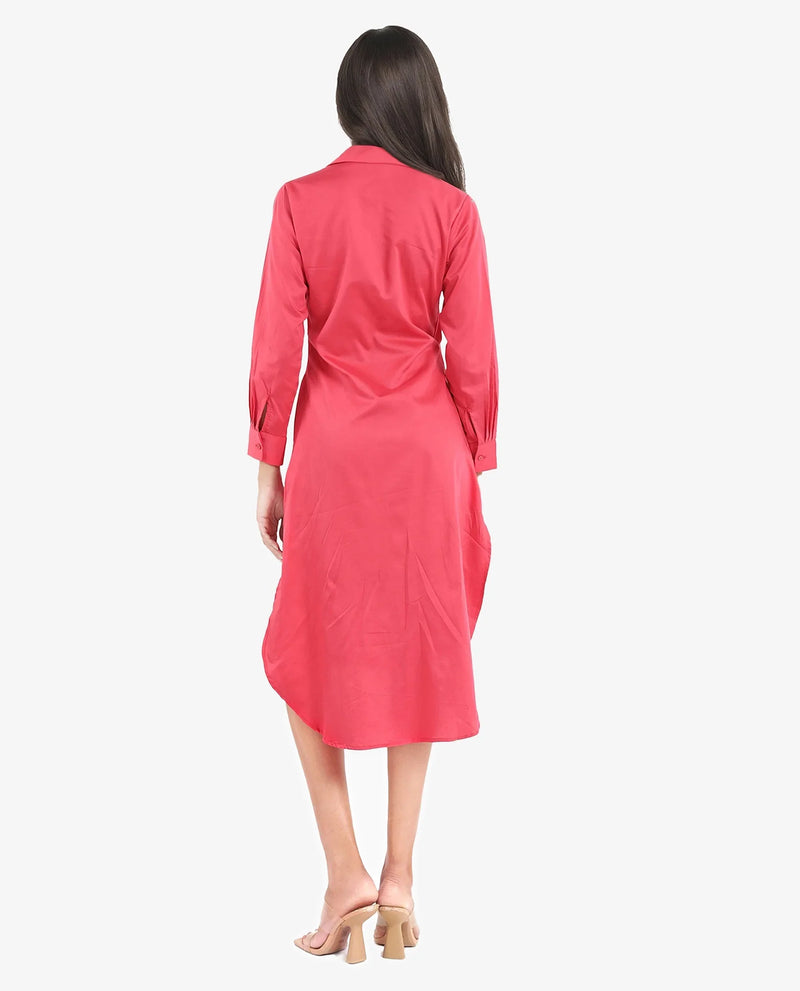 Rareism Women Marunara Red Cuffed Sleeve Jonny Collar Button Closure Relaxed Fit Midi Plain Dress