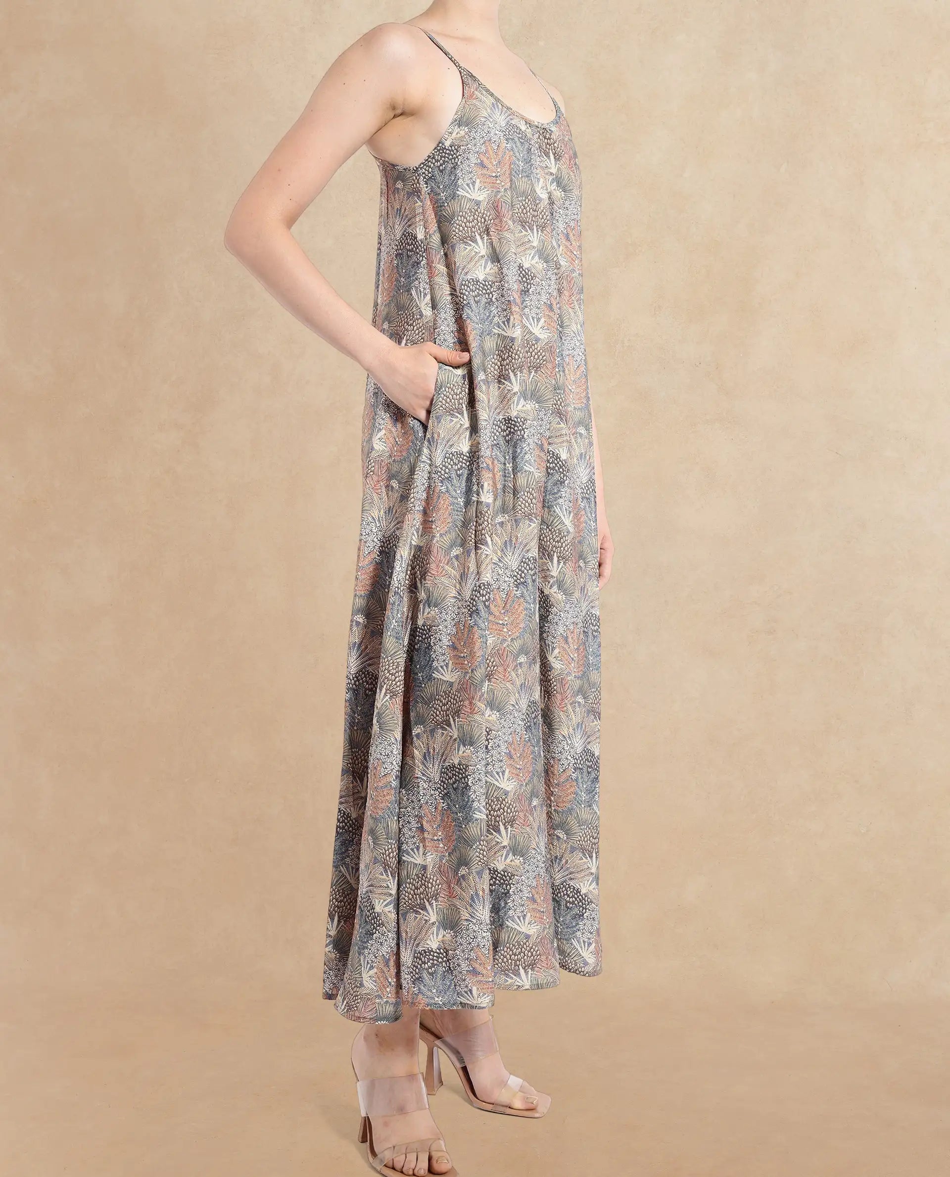 Rareism Women's Marvia Dark Multi Polyester Shoulder Strap Botanical Print Sleeveless Maxi Flared Dress