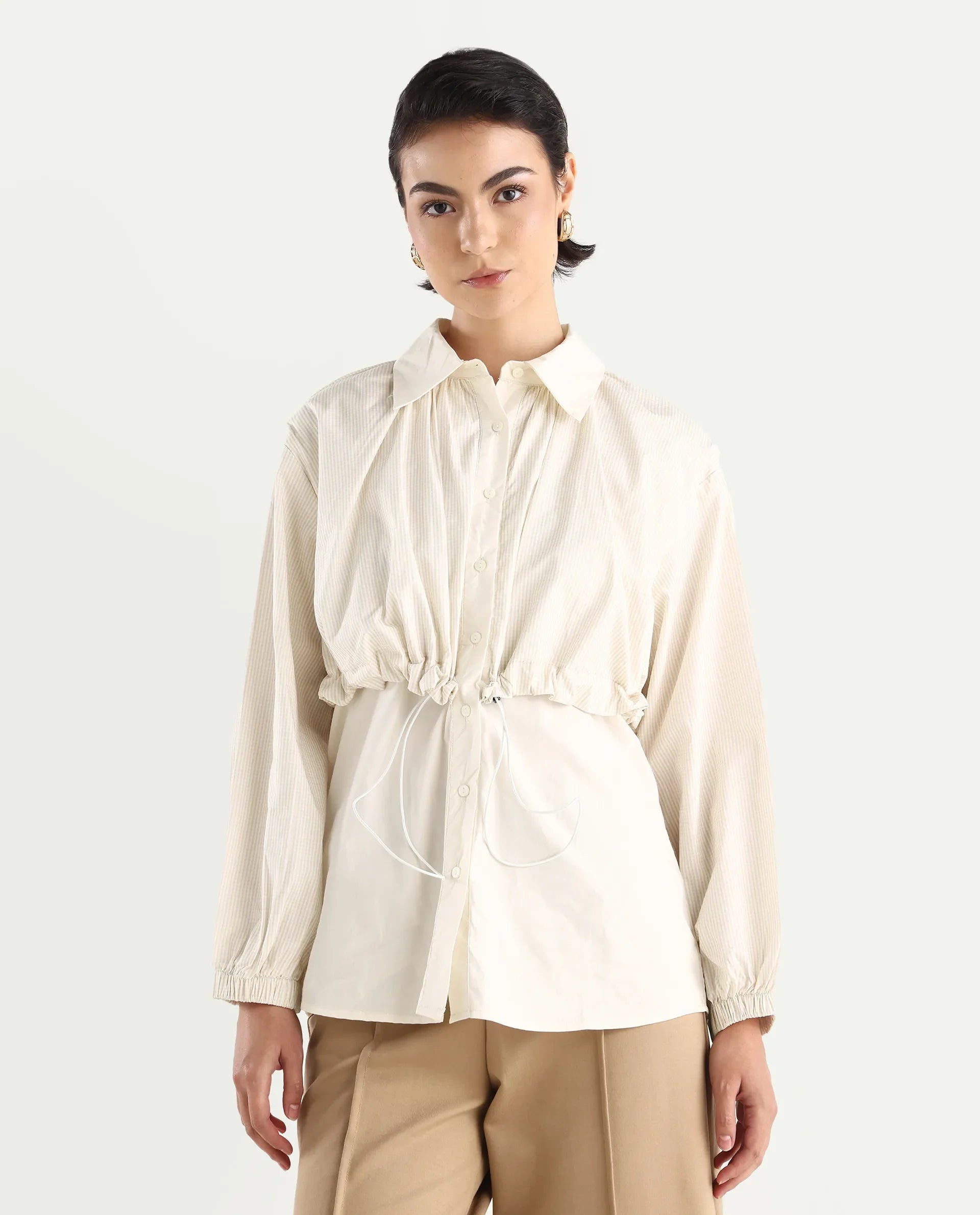 Rareism Women's Mash Beige Cotton Blend Drop Collar Checked Cuffed Sleeve Relaxed Fit Top