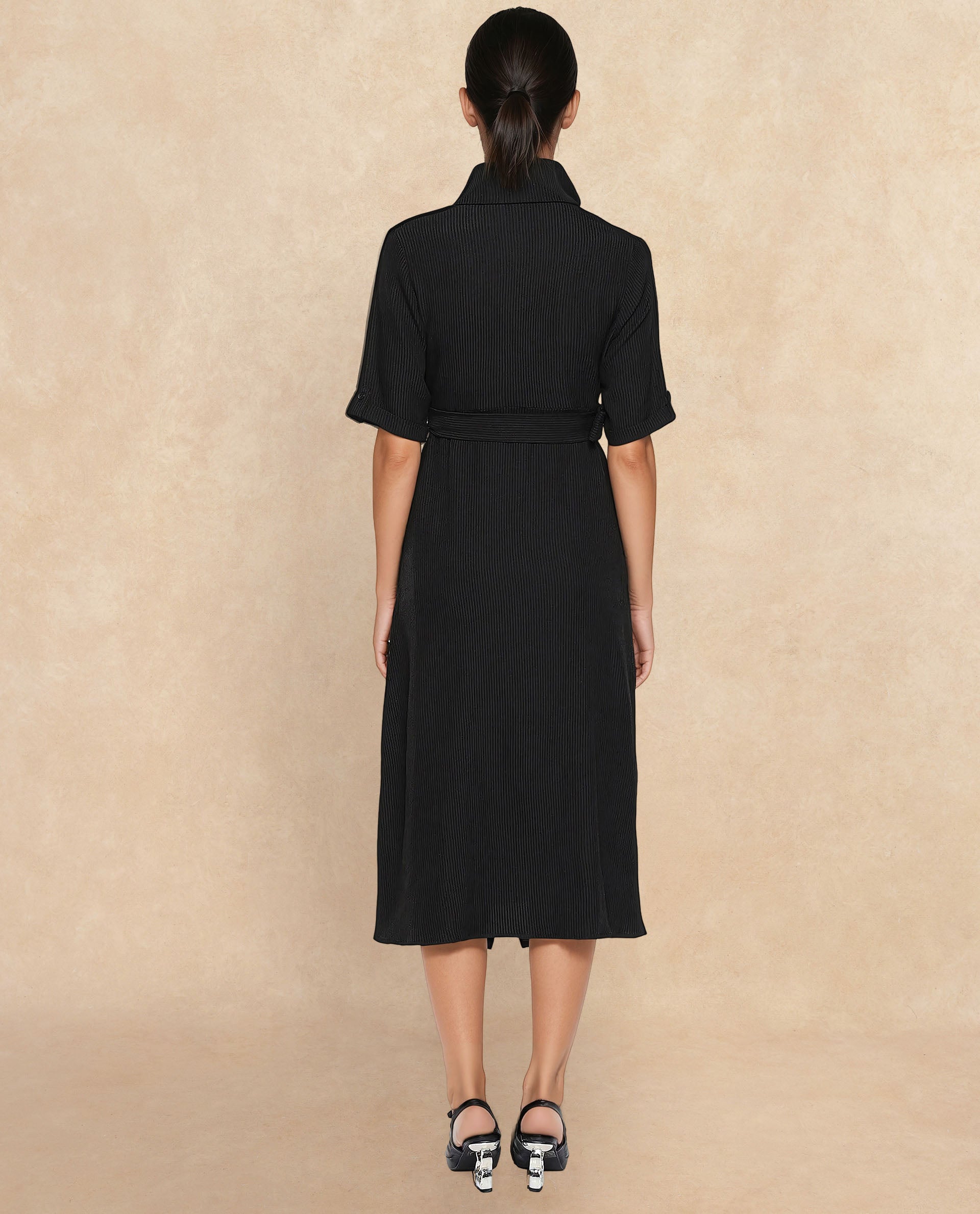 Rareism Women's Maso Black Polyester Lapel Neck Plain Midi A-Line Dress