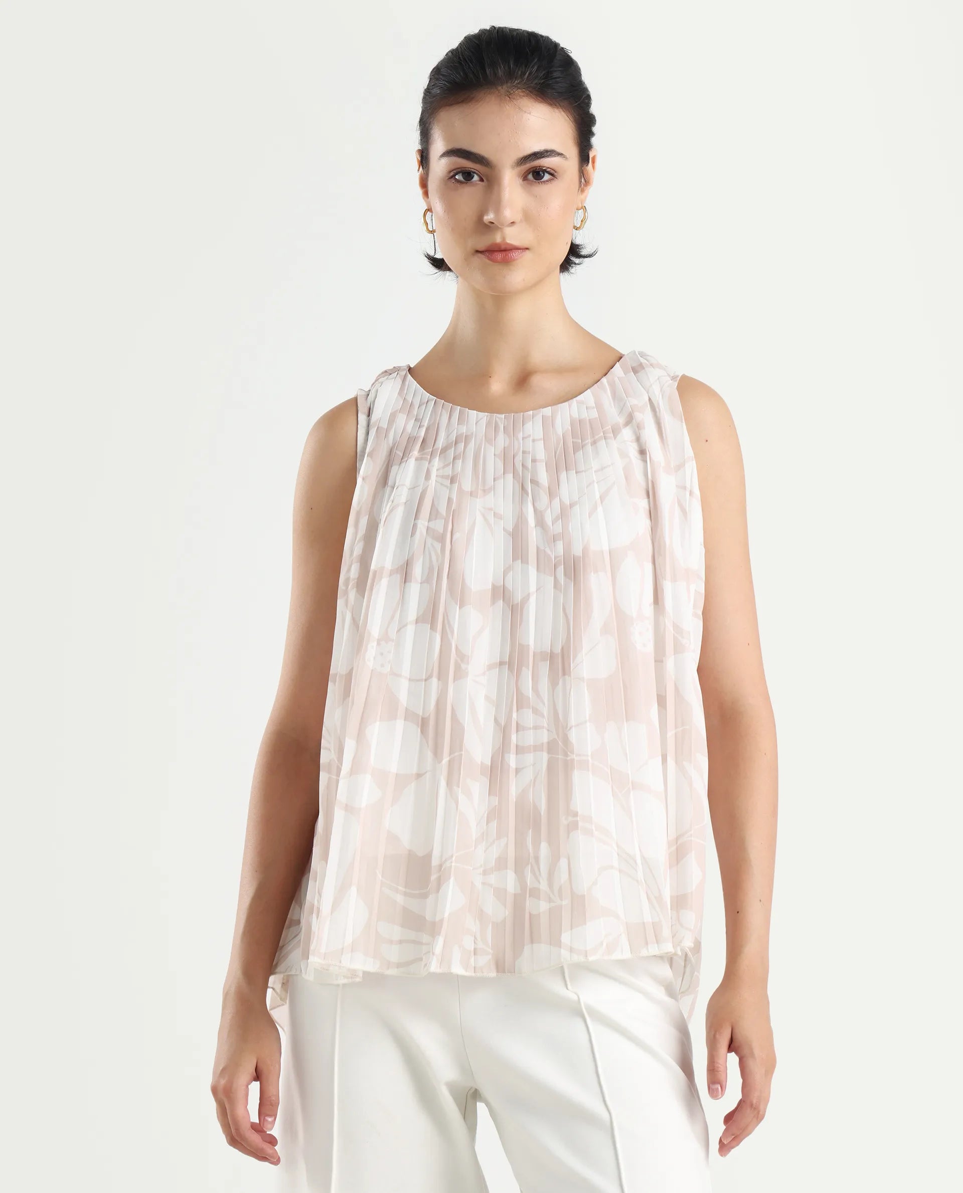 Rareism Women's Matera Sc Light Beige Polyester Crew Neck Abstract Print Sleeveless Relaxed Fit Top