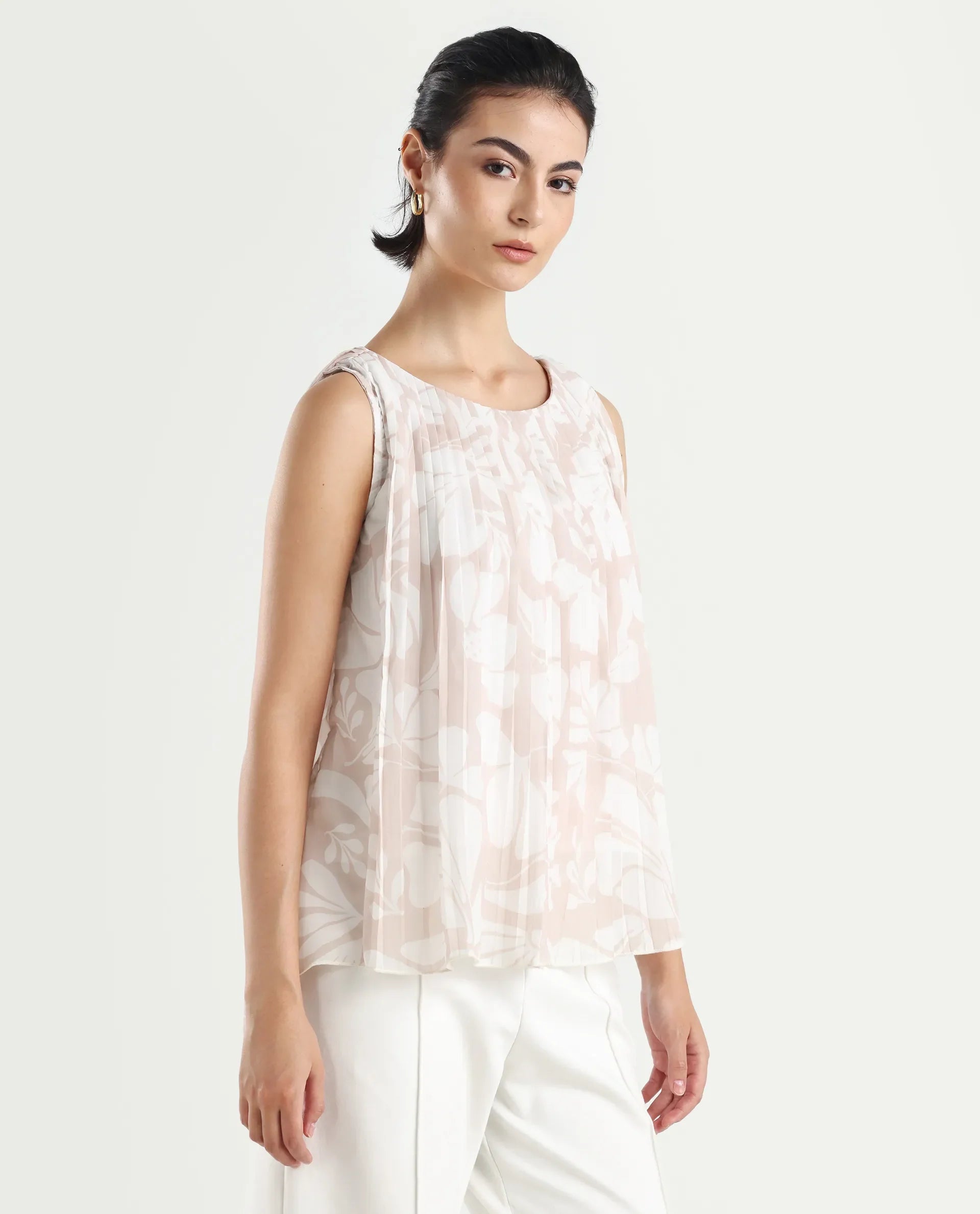 Rareism Women's Matera Sc Light Beige Polyester Crew Neck Abstract Print Sleeveless Relaxed Fit Top