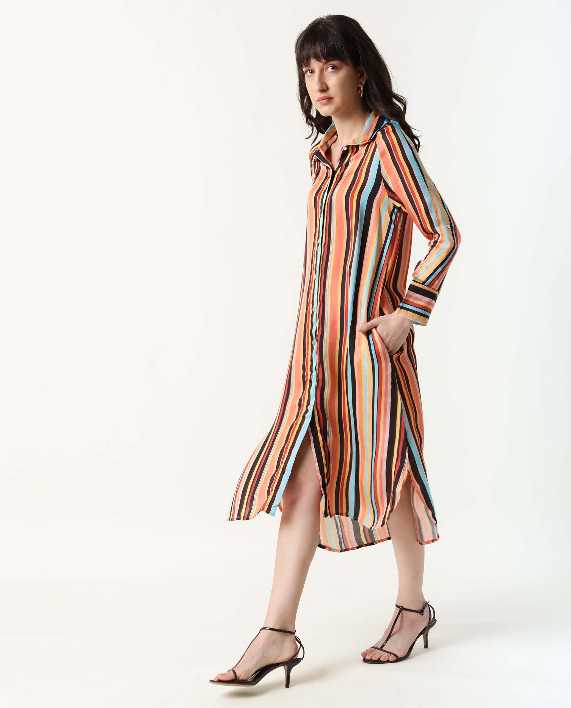 Rareism Women's Mathers Brown Spread Collar Striped Knee Length Regular Fit Dress