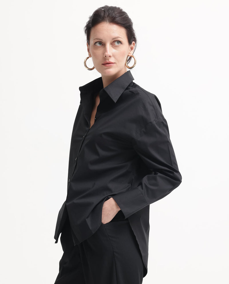 Rareism Women Matsue Black Cotton Fabric Full Sleeve Collared Neck   Solid Shirt