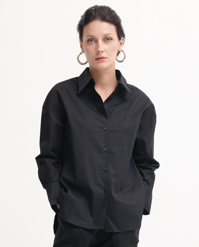 Rareism Women Matsue Black Cotton Fabric Full Sleeve Collared Neck   Solid Shirt