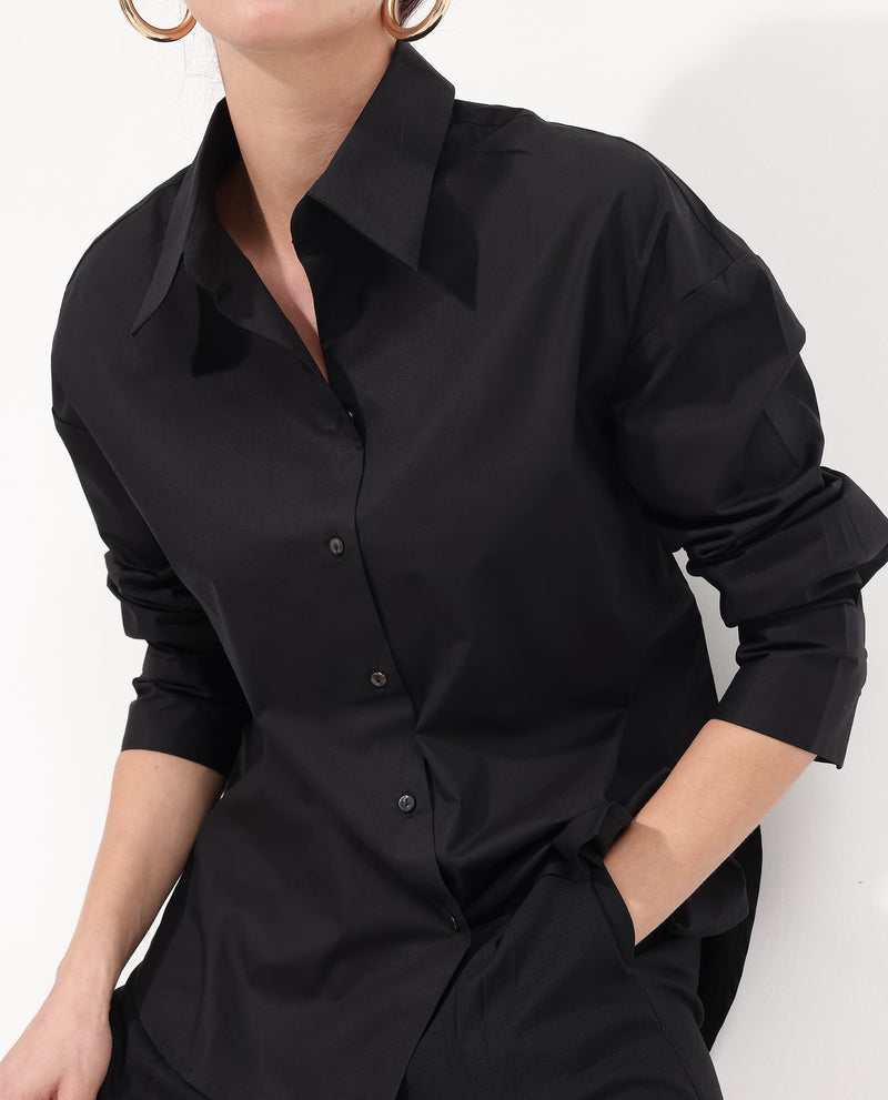 Rareism Women Matsue Black Cotton Fabric Full Sleeve Collared Neck   Solid Shirt