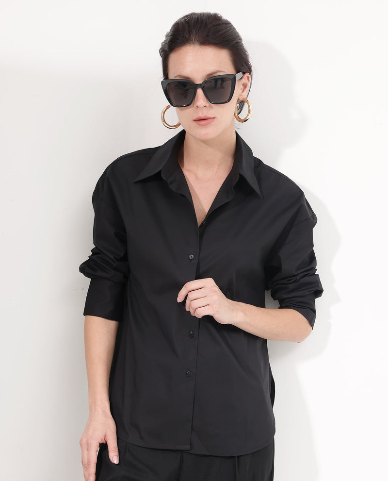 Rareism Women Matsue Black Cotton Fabric Full Sleeve Collared Neck   Solid Shirt