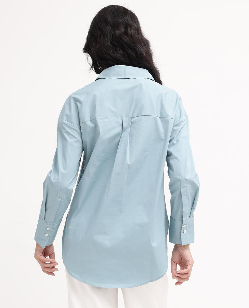 Rareism Women Matsue Light Blue Cotton Fabric Full Sleeve Collared Neck   Solid Shirt