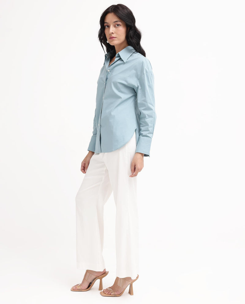 Rareism Women Matsue Light Blue Cotton Fabric Full Sleeve Collared Neck   Solid Shirt